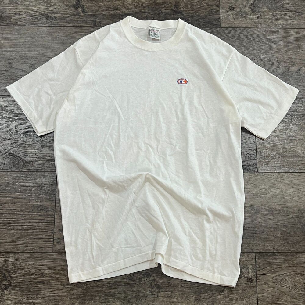 Vintage 90s Unionbay Embroidered Logo Blank White T-Shirt Made in USA Medium